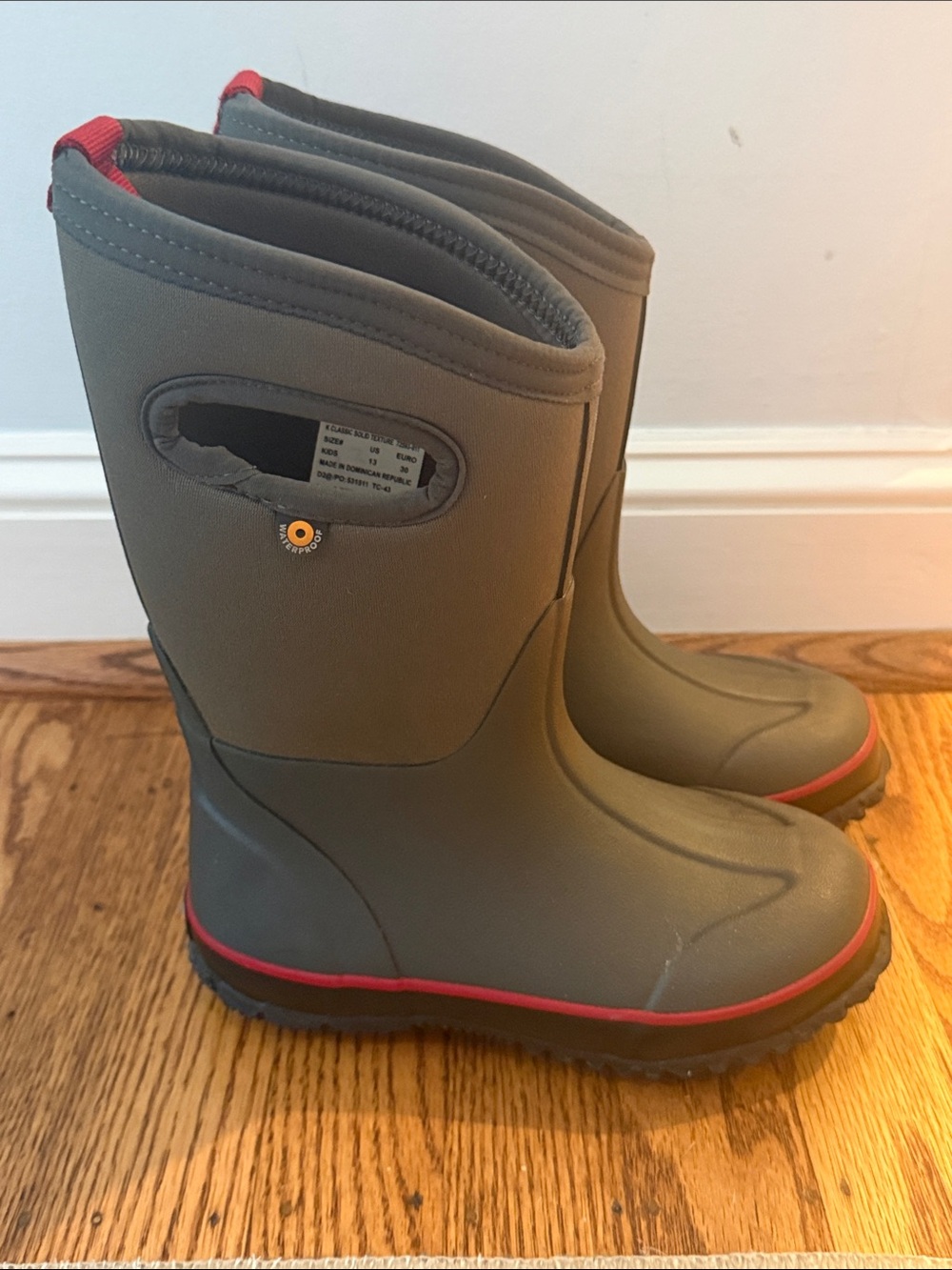 Kids Waterproof Grey Bog Boots with Red Trim